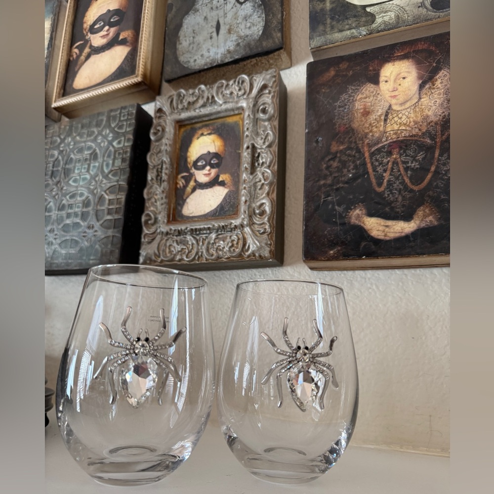 2pc Halloween  Jewel Gem Rhinestone Spider Stemless‎ Wine Glasses